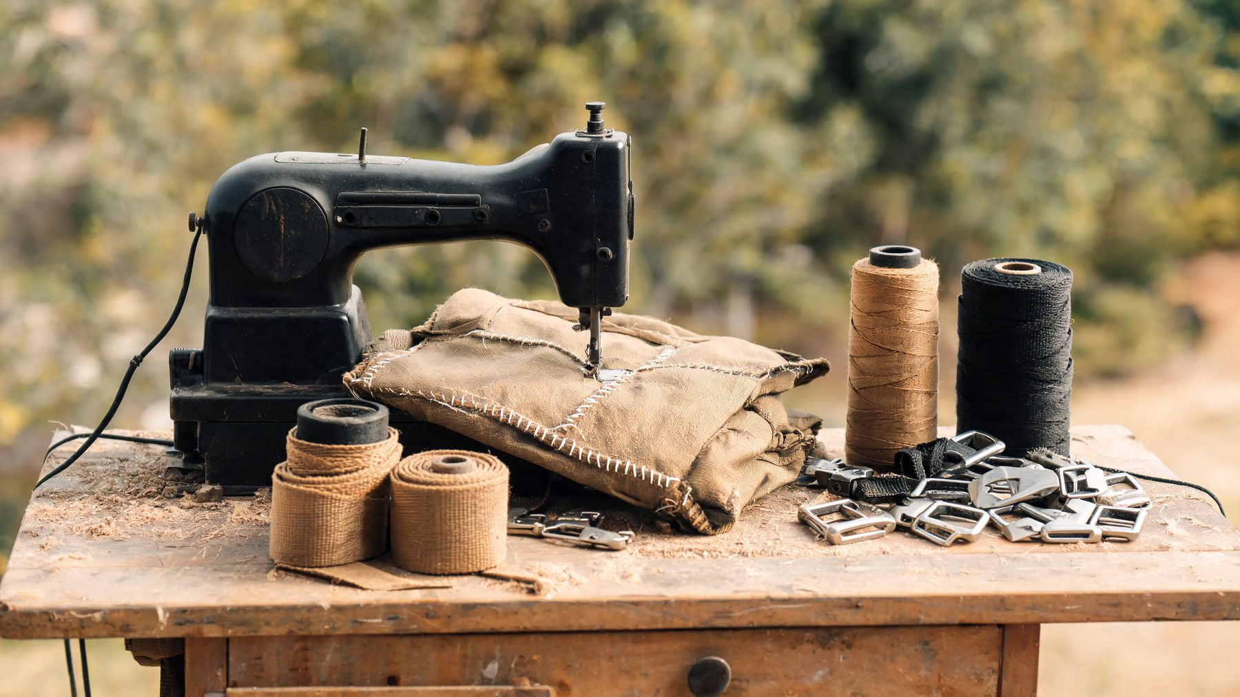 Workshop table with a half-stitched pack panel, webbing spools and buckles